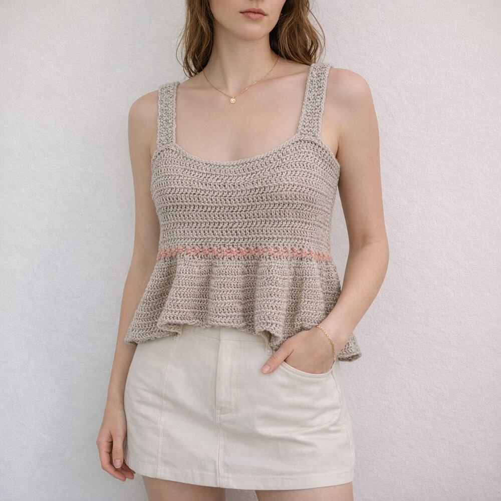 Handmade Crocheted Babydoll Tank Top Large Taupe Pink